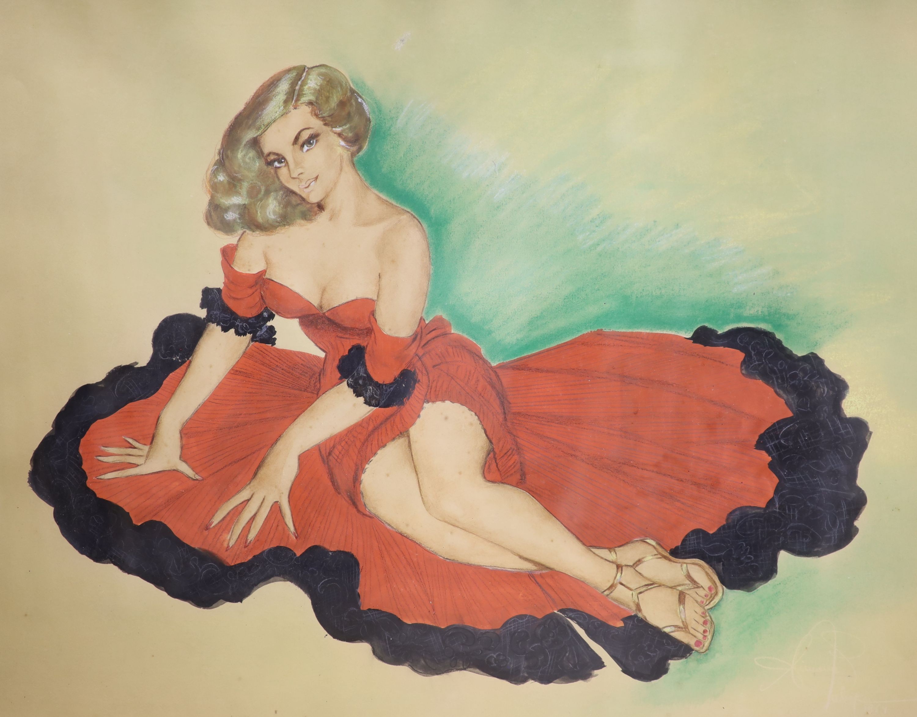 A pin-up style mixed media study of a young woman, indistinctly signed and dated 1954, 57 x 71cm.